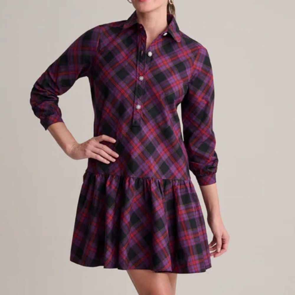 Untuckit For Her Women’s Reese Purple Plaid Pleated Shirt Dress Medium